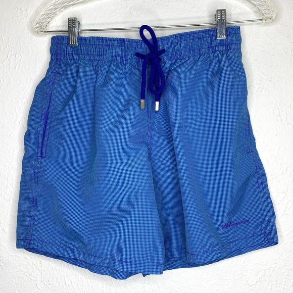 Vilebrequin, teen size M, gingham check purple/turquoise swim trunks w/liner.